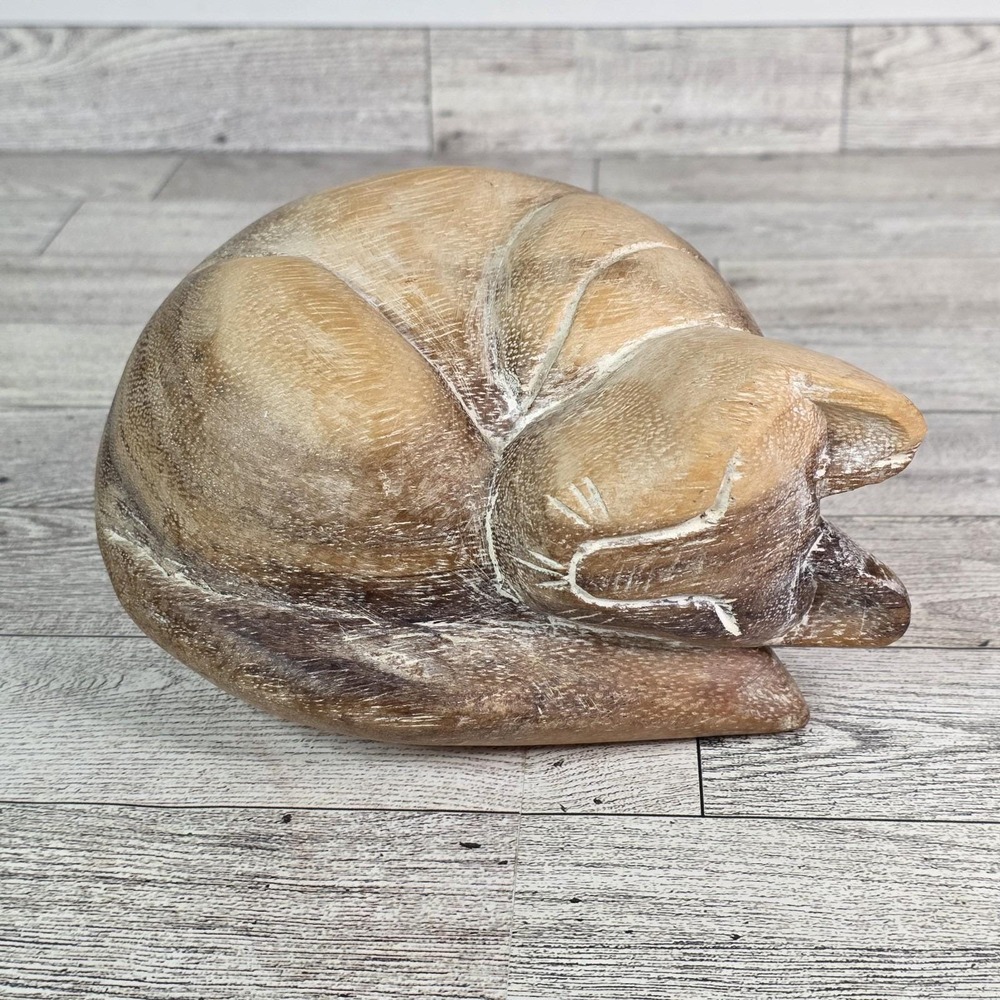 VTG Hand Carved Curled Sleeping Cat Solid Wood Folk Art 6.5x4" Handmade